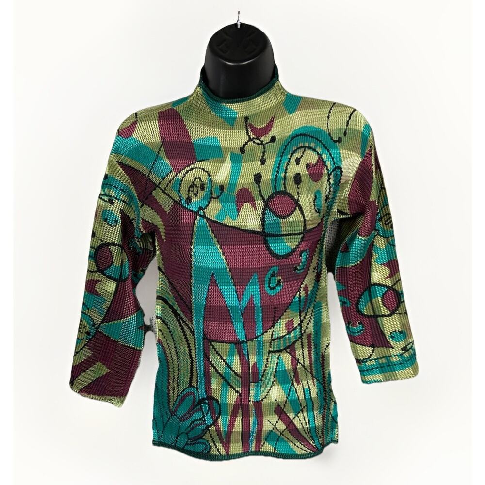 Alberto Mikali Mock Neck Crinkle Top Women’s Bold Pattern Beaded Y2K Size Small